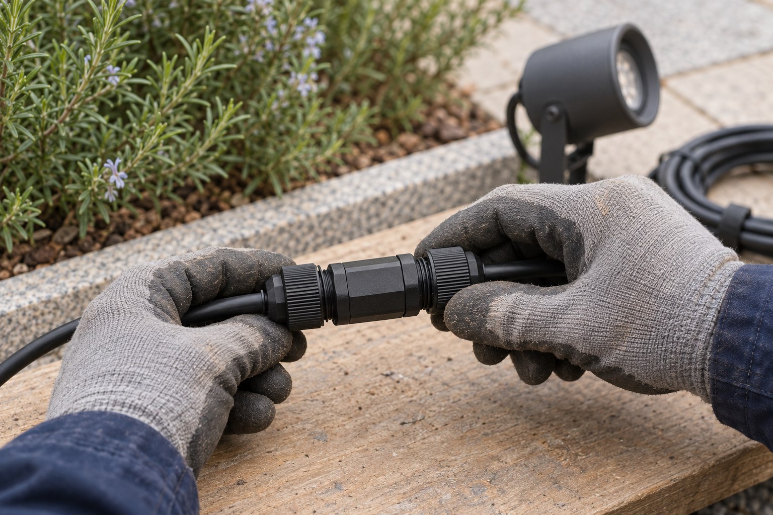 gloved hands inspecting an outdoor lighting inline cable connector.