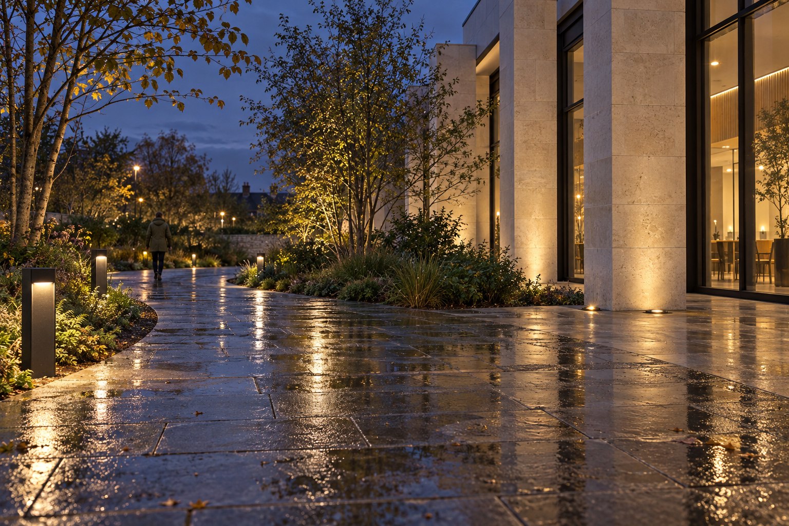 outdoor bollards and recessed uplights beside a stone building after rain.
