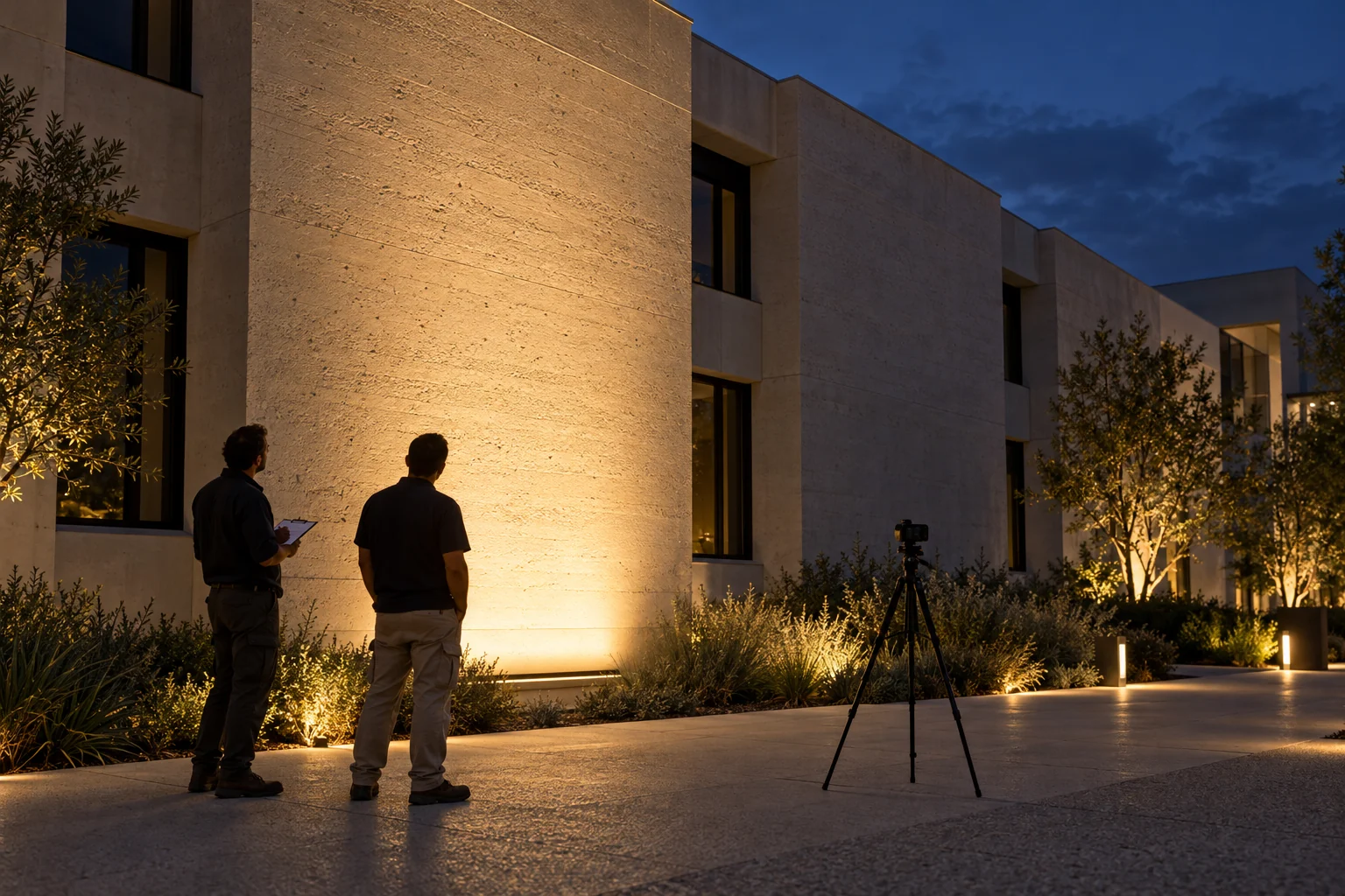 Lighting technicians observing a single illuminated facade bay during a night mockup