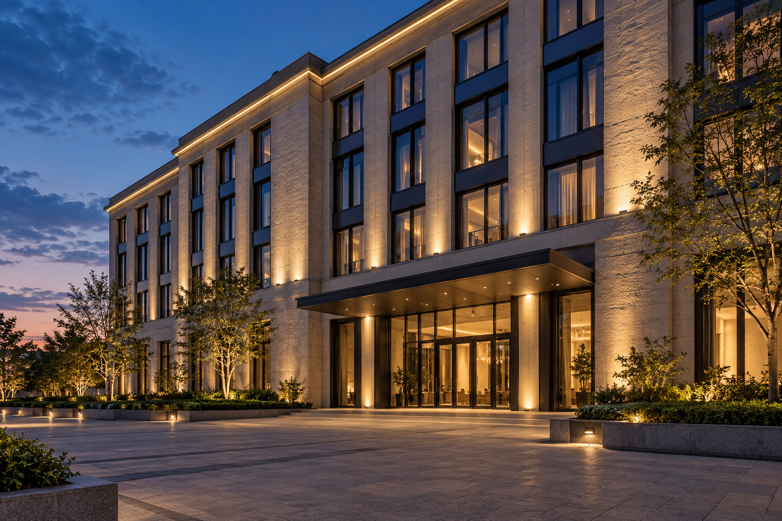 Contemporary stone hotel facade at blue hour with warm wall washing and linear cornice lighting