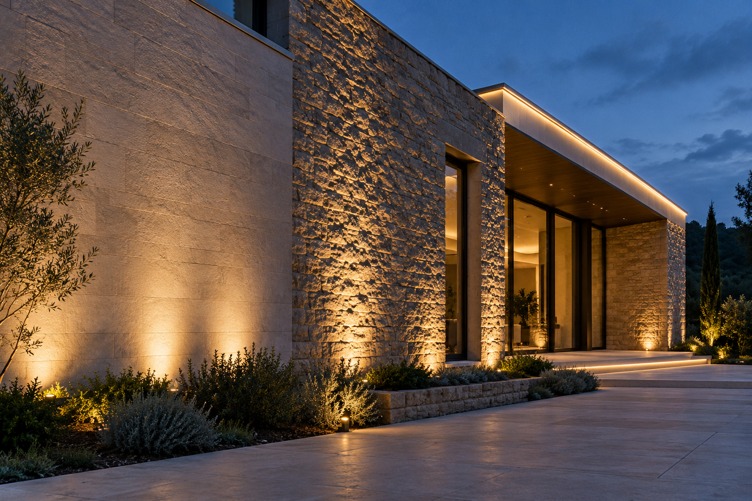 Facade showing soft wall washing, texture-revealing grazing light, and a continuous cornice accent