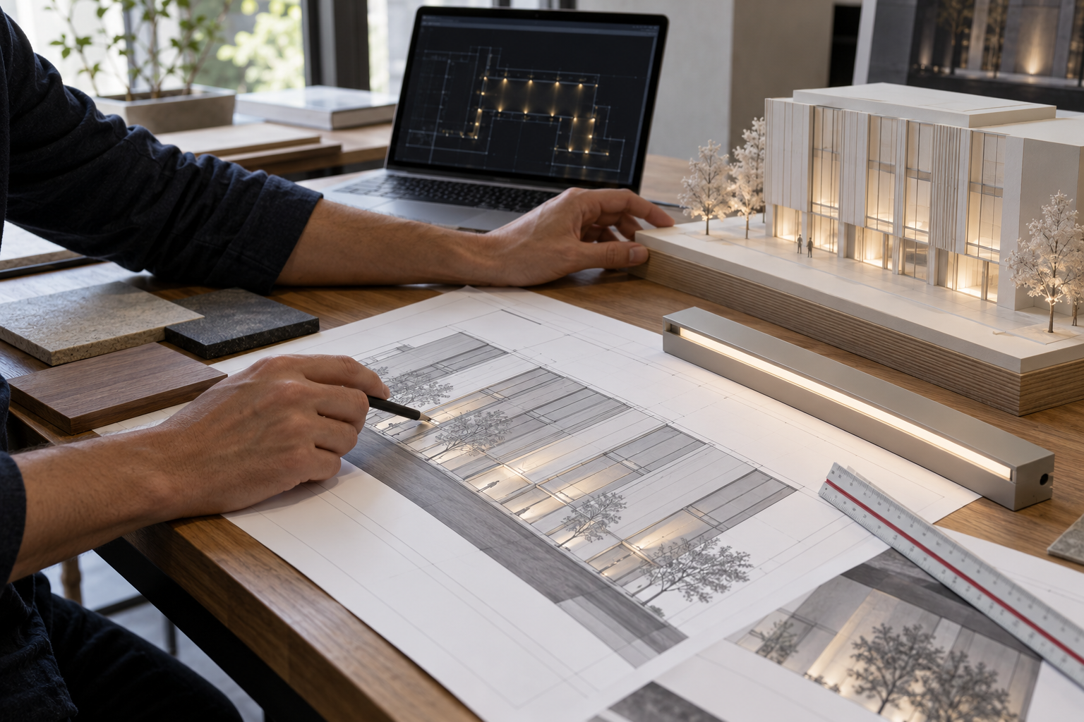 Lighting designer comparing facade elevation drawings, a scale model, and a linear LED fixture sample