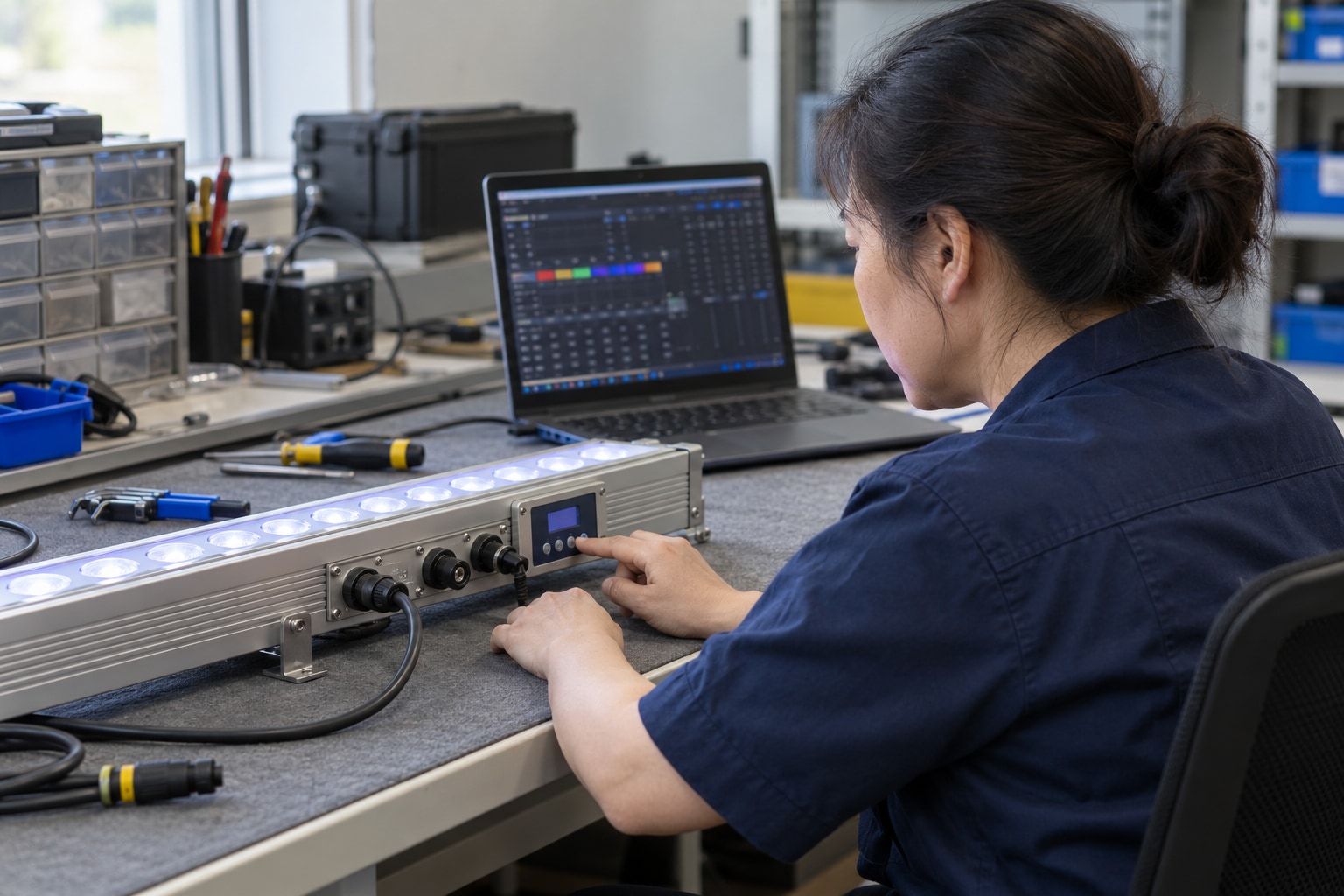 Illustrative engineer checking an outdoor linear fixture mode against a laptop profile