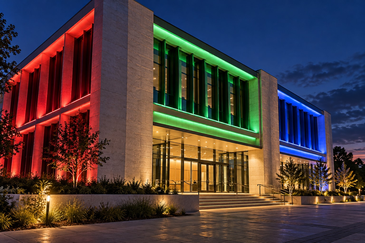 Illustrative RGBW building facade with separate control zones at night