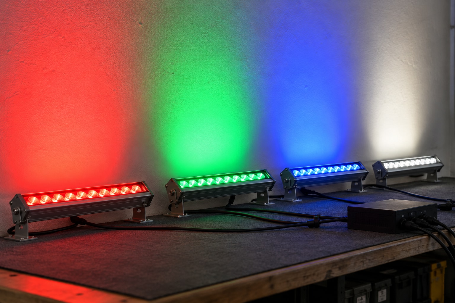 Illustrative bench test of separate red green blue and white linear light outputs