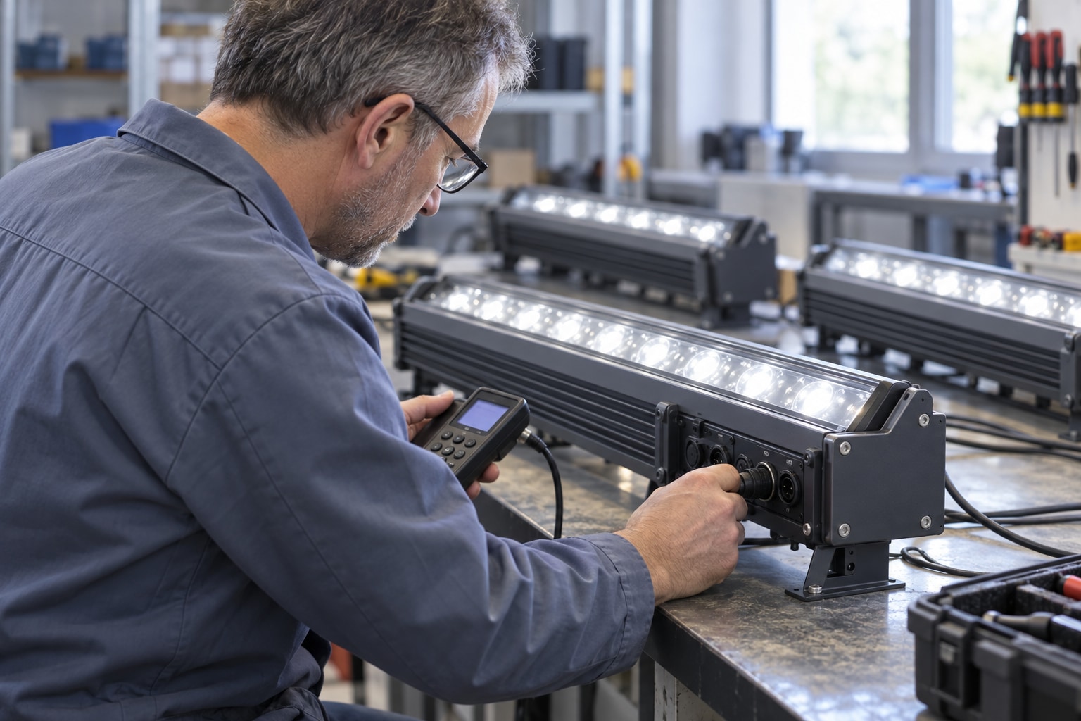 Illustrative technician isolating one outdoor wall washer during control testing