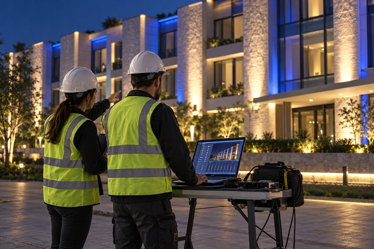 Illustrative engineers checking facade control responses during an evening handover
