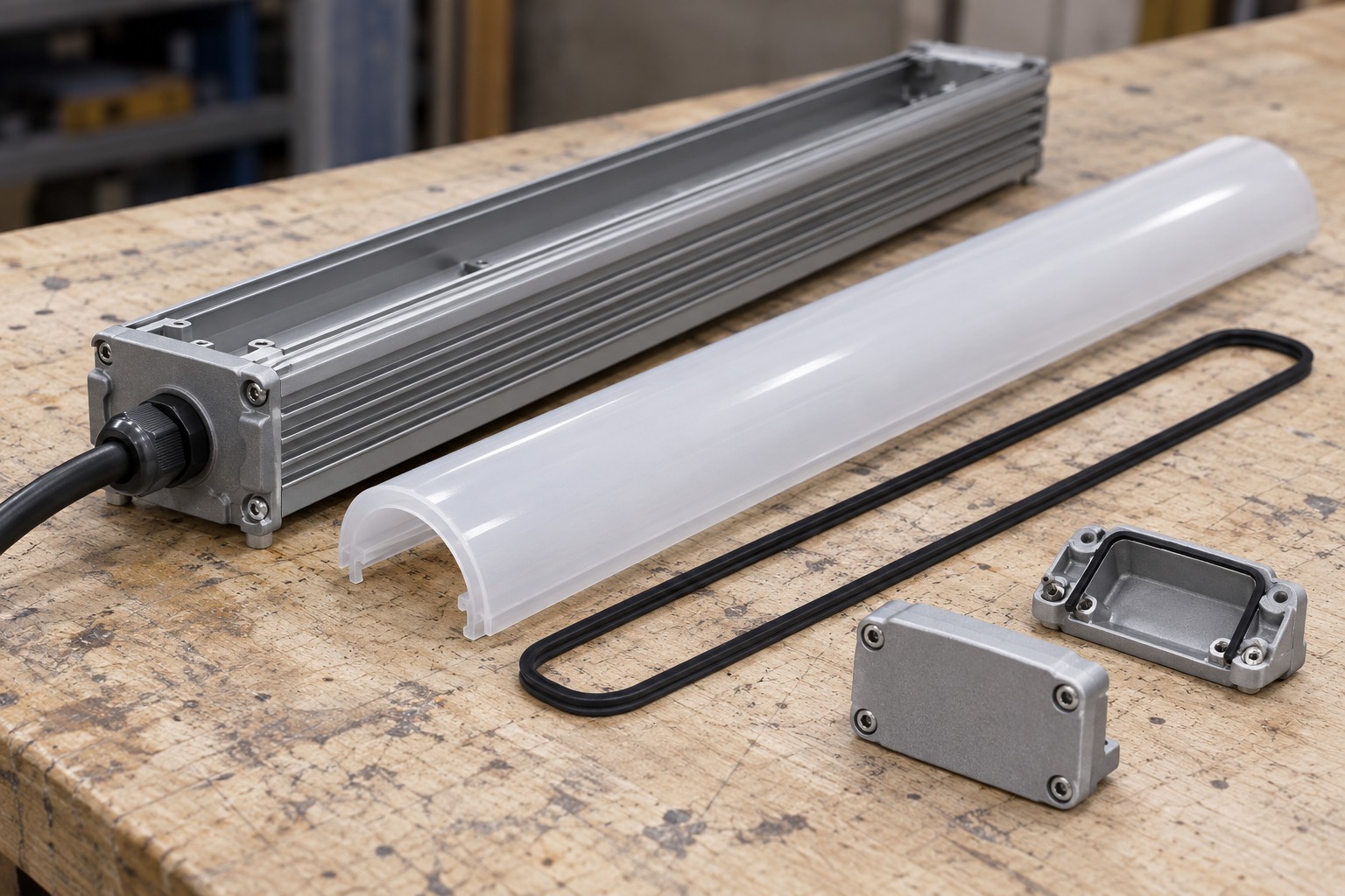 Generic disconnected linear light housing with an opal cover, gasket and end components
