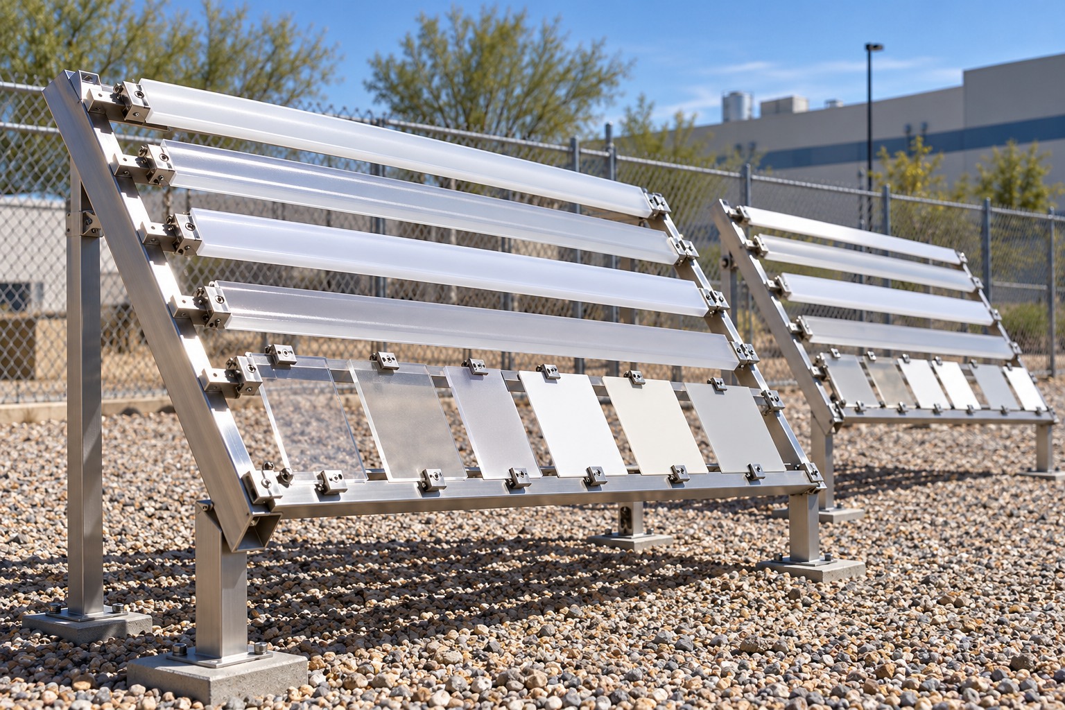 Outdoor exposure racks holding translucent diffuser strips and polymer material coupons