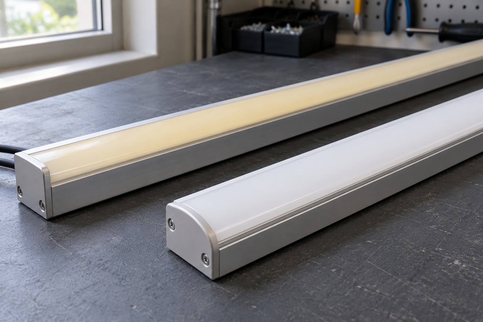 Two disconnected linear luminaires with neutral and slightly amber diffuser covers on a workshop bench