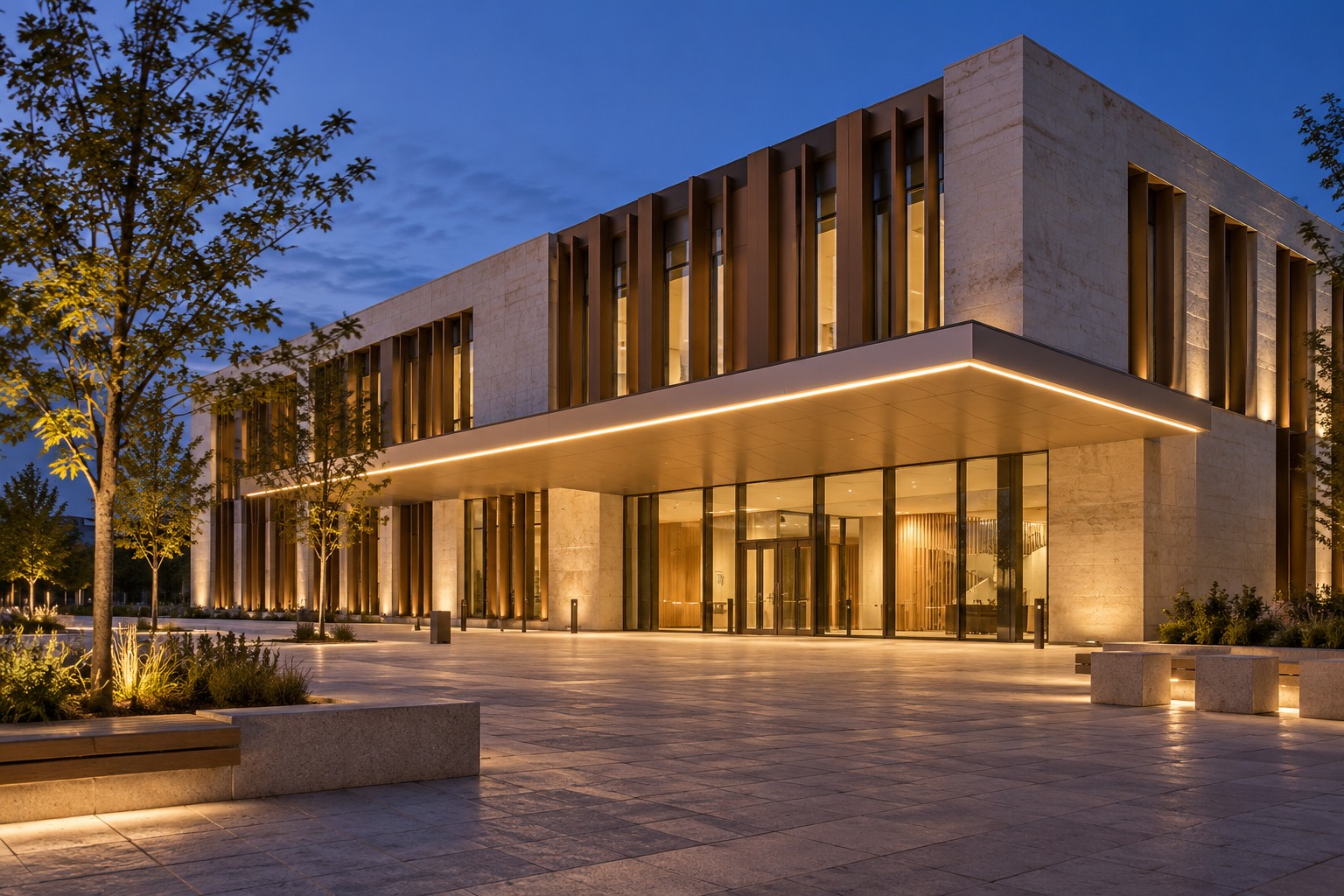 Illustrative office facade with continuous warm white linear lighting beneath a canopy