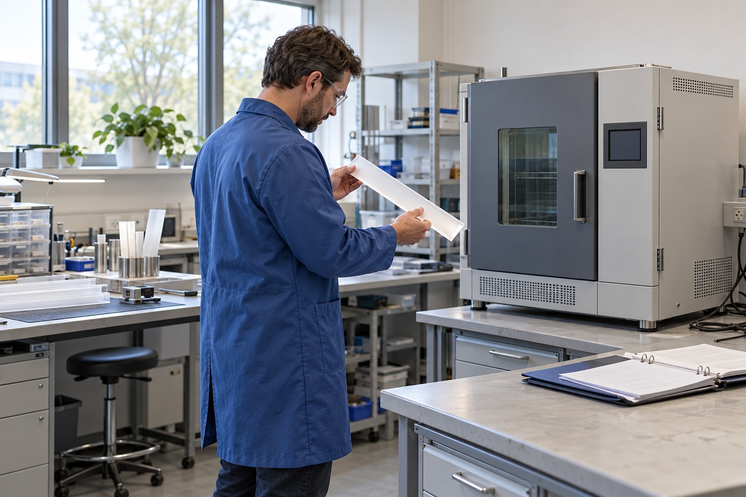 Materials engineer examining a milky diffuser strip beside a closed laboratory chamber